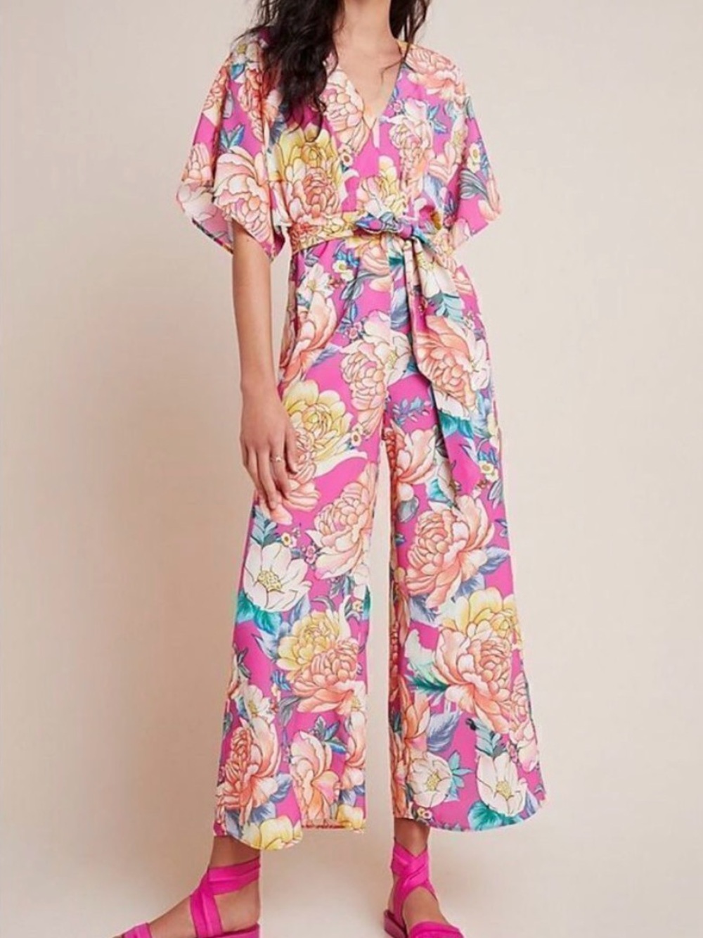 FARM Rio Pink Floral Wide-Leg Tie-Waist Jumpsuit